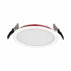 This low-profile canless downlight operates at 120V AC, consumes 14 W, and delivers 1,200 lm. It features selectable color temperatures (2700K/3000K/3500K/4000K/5000K) and is dimmable. The white trim complements various ceiling installations. Suitable for replacing 75W incandescent fixtures in residential or commercial settings.