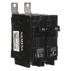 The Siemens B260 is a 60-amp, 2-pole miniature circuit breaker from the BL Series, rated for 120/240V AC. It features a standard trip type and a maximum AIR rating of 10kA at 120/240V AC. Designed for bolt-on installation in Siemens P1 Panelboards, it provides overcurrent protection in single-phase electrical systems for commercial and industrial power distribution applications.