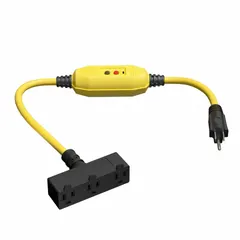 This 3-foot inline GFCI cord features a 12/3 gauge SJTW jacket, NEMA 5-15P plug, and NEMA 5-15R receptacle. Rated for 15 A at 125V AC, it provides ground fault protection with auto-reset functionality. Suitable for portable power tools and equipment in construction, maintenance, and industrial applications.