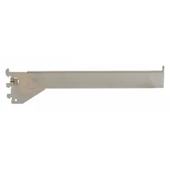 Steel rectangular faceout with chrome finish for hanging on single slotted standards. Features 1 in slot spacing and 1/2 in slot length. Used to create display shelving for merchandise, tools, or packaged goods in retail, warehouse, and showroom environments.