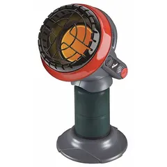 This portable gas table-top heater delivers 3,800 BtuH of heat output, sufficient for spot heating areas up to 95 sq ft. The cylindrical unit is finished in red and measures 12 inches high by 10-3/8 inches wide by 10 inches deep. It is suited for use in workshops, garages, patios, or campsites where a compact heat source is needed.