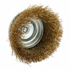 This cup brush features crimped brass fill for nonsparking light cleaning on soft materials. With a 2-3/4 in brush diameter, 1/4 in shank, and 0.012 in fill diameter, it is suited for surface preparation and deburring in environments where sparking must be avoided.