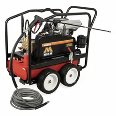This cart-mounted cold water pressure washer delivers 6000 psi at 4.3 gpm, powered by a Honda engine. Rated for 20 hours of usable operation per week, it is suited for heavy-duty cleaning tasks such as removing grease, grime, and paint from equipment and surfaces.