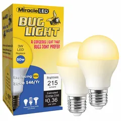 LED bug light lamp with A15 classic shape, frosted finish, and 2000K warm color temperature. Operates at 120V AC with 3W power consumption. Suitable for outdoor fixtures such as porch, patio, and garden lights to reduce insect attraction.