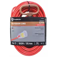 This 100 ft outdoor extension cord features a single outlet with NEMA 5-15P plug, 14/3 SJTW jacket, and red color. Rated for temperatures from -40° to 140°F, it is suitable for powering tools, lights, and equipment in outdoor job sites or events