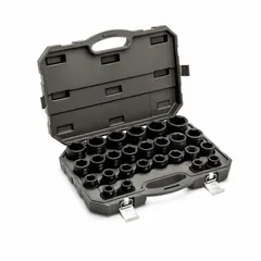 This 26-piece metric socket set features 6-point sockets with a 3/4-inch drive, ranging from 19 mm to 50 mm. The sockets incorporate a friction ball retention design and are standard profile, not thin wall. Suitable for tightening and loosening fasteners in heavy-duty tasks on machinery and vehicles.