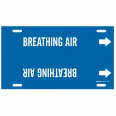 Blue snap-on pipe marker with white legend 'Breathing Air' and directional arrows. Fits pipe outer diameters from 8 to 9-7/8 inches. Used to identify breathing air lines in industrial piping systems for safety and compliance.
