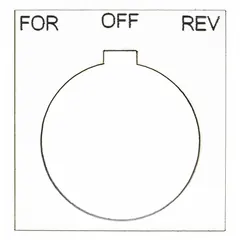 Square non-metallic plastic legend plate for 30 mm panel mounting. White plate with black English text 'For-Off-Rev' and a notch. Overall height and width 1 13/16 in. Used to label push-button stations in industrial control panels.