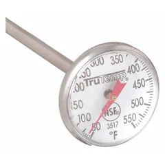 Analog stem thermometer with a 1 in dial, 5 in overall length, and 1/8 in diameter. Features a stainless steel case, plastic lens, and ±5 °F accuracy. NSF certified and metal detectable. Suitable for food temperature checking in commercial kitchens and food processing.