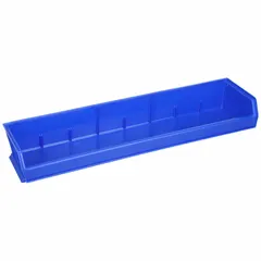 Blue plastic bin with label holder, stacking capable. Dimensions: 33 in x 8 5/8 in x 6 in. Not electrostatic discharge conductive, 0% recycled content. Used for organizing and storing parts, tools, or components in industrial warehouses, workshops, and assembly lines.