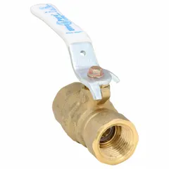 This 1/2 in brass ball valve features a straight body with FNPT x FNPT connections and a full port ball port for minimal pressure drop. The locking lever handle provides secure on/off flow control in water, oil, and gas piping systems.