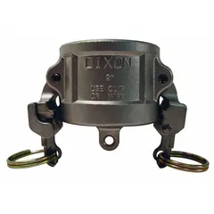 316 stainless steel dust cap for cam and groove couplings, with nitrile gasket and locking arm. Protects coupling ends from dirt and damage when disconnected. Rated 250 psi at 70°F, overall length 2-11/16 in. Suitable for fluid transfer systems requiring corrosion resistance.
