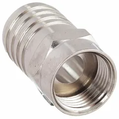 Male F-Type connector for terminating RG-6 coaxial cable. Features a nickel-plated silver finish and supports frequencies up to 1 GHz. Crimp-on installation provides a secure connection for RF signal transmission in applications such as cable TV, satellite, and broadband internet.