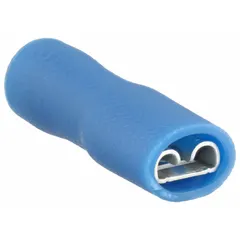 Blue vinyl fully insulated female quick disconnect socket with full coverage insulation. Accepts 16 AWG to 14 AWG wire sizes. Used for making removable electrical connections in control panels, appliances, and industrial equipment.