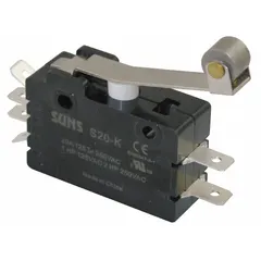 This roller-lever snap-action switch features a hinge roller lever actuator and a 2NO/2NC contact configuration. It is rated for 20 A at 240 V AC and uses quick-connect terminals. Suitable for use in industrial control systems for position sensing and limit switching.