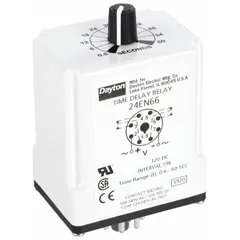 Socket-mounted time delay relay with interval (single shot) function. Operates on 12V DC with a 10 A contact rating. Features 8 pins/terminals for connection. Used in industrial control panels for applications such as conveyor sequencing, pump cycling, and process automation requiring timed on/off intervals.