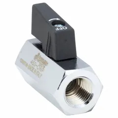 This 1/4-inch mini ball valve features a chrome-plated brass one-piece straight body with female threaded (FIP x FIP) connections. Equipped with a locking lever handle, it is used for on/off control in plumbing, HVAC, and industrial fluid systems handling water, oil, or gas.