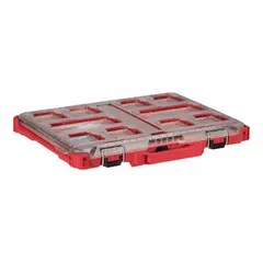 Red plastic organizer box measuring 19 11/16 in W x 16 5/16 in D x 2 1/2 in H. Includes 10 adjustable dividers for separating small tools, fasteners, and parts. Integrates with the PACKOUT modular system for stacking and locking on job sites.