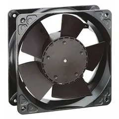 Square axial fan for wet locations, delivering 99 cfm at 0.000 in static pressure. Features polyamide blades, 4 11/16 in height, 1 1/2 in depth, and terminals with IP68 rating. Suitable for cooling and ventilation in damp or wet environments such as outdoor enclosures and HVAC systems.