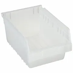 This clear plastic shelf bin is designed for organizing small parts, components, and hardware on shelving in warehouses, workshops, and industrial facilities. With dimensions of 8 3/8 in x 6 in and an overall length of 11 5/8 in, it allows quick visual inventory checks. The nesting capability saves space when bins are empty. It is not hangable and does not include dividers.