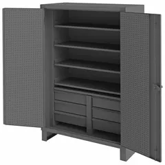 This welded steel cabinet features a pegboard back, four adjustable shelves, and stationary legs. The swing handle with padlock hasp secures contents. With a 12 ga panel thickness and gray powder-coated finish, it is suited for organizing tools and parts in workshops and warehouses.