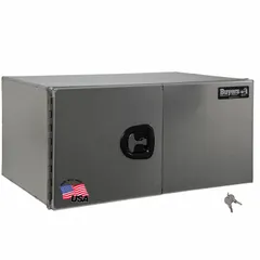 Silver double barn-door box with keyed lock, 24 in overall depth. Designed for secure underbody storage on trucks, providing organized access to tools and equipment.