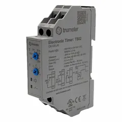 DIN rail-mounted time delay relay with adjustable timing from 0.3 seconds to 30 hours. Operates on 240V AC or 24V AC/DC supply. Used in industrial control panels for sequencing or delaying equipment start-up, shut-down, or cycling in applications such as conveyor systems, HVAC controls, and pump sequencing.