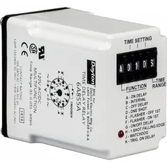 Socket-mounted time delay relay with plug-in mounting style. Operates on 24V AC/DC input voltage and provides multi-function delay capability. Rated for 10 A with 11 pins/terminals. Suitable for industrial control panels requiring programmable timing for switching loads, such as in conveyor systems, HVAC equipment, and packaging machinery.