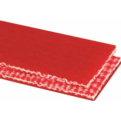 This heavy-duty multi-ply conveyor belt is cut to length with a 15 ft minimum and is designed for use with staple-style Alligator lacing. It is suitable for material handling in demanding environments such as mining, aggregate, and bulk processing. The belt is 48 in wide, 1/4 in thick, and red in color.