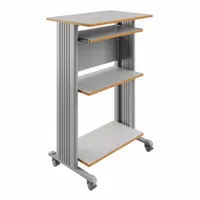 This mobile general-purpose computer cart features a gray compressed wood desktop. With an overall width of 29 1/2 inches, depth of 22 inches, and height of 45 inches, it provides a flexible workspace for computer equipment in office, industrial, or lab settings where mobility is required