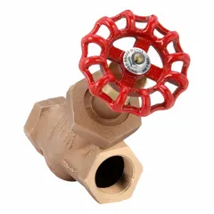 This bronze Y-body globe valve is designed for boiler blow-down applications. It features a 1 1/4 in FNPT connection and a bronze bonnet. Suitable for use with gas, oil, steam, or water media in industrial piping systems.