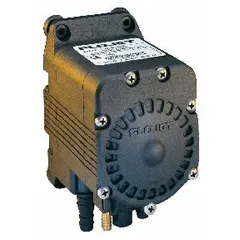 Air-operated double diaphragm pump with polypropylene housing, 3/8 in barbed connection, PP seat, and FFKM diaphragm. Designed for dispensing and transfer of fluids in industrial and process applications requiring chemical resistance.