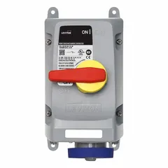 Washdown-rated mechanical interlock for 240V AC, three-phase, 30A, 3-pole, 4-wire applications. Provides a safe disconnect for industrial equipment in wet or corrosive environments. No reverse service capability.