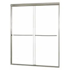 Double-sliding shower door with clear tempered glass and brushed nickel frame. Overall height 65 inches, accommodates door widths from 38 to 42 inches. Suitable for residential and commercial shower enclosures requiring a sliding door configuration.