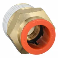 Brass push-to-connect adapter fitting with 1/2" male NPT threads, designed for 1/2" OD polybutylene or brass tubing. Used in pneumatic systems, fluid handling, and industrial control applications requiring a secure, leak-free connection