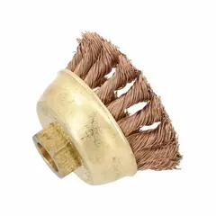 This cup brush features standard twist knot wire bristles for heavy-cleaning and surface preparation on hard metals. With a 3 in diameter and 0.02 in fill diameter, it connects via a 5/8"-11 arbor hole. Designed for nonsparking operation, it is suitable for industrial environments where spark-free cleaning is required.