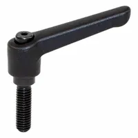 Teardrop-style adjustable lever with a threaded stud, featuring an M5 thread and 16 mm thread length. The lever is made of plastic with a steel threaded stud. Used for clamping, positioning, and quick-release applications on machinery, fixtures, and industrial equipment