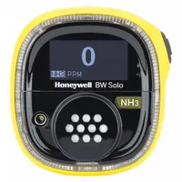 The HONEYWELL BW Solo BWS1-A-Y is a single-gas detector for Hydrogen Cyanide with high alarm at 50 ppm and low alarm at 25 ppm. It features a yellow housing, lithium battery, Bluetooth communication, and IP68 rating. Suitable for industrial environments requiring personal gas monitoring