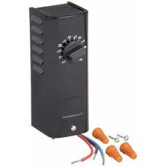 Indoor single-stage line-voltage thermostat for heat or cool control. SPDT switching (open on rise) with bi-metal sensing element. Steel enclosure. Temperature range -10° to 100°F, 2°F differential. Operates on 120 to 277V AC. Suitable for on/off temperature regulation in HVAC systems.