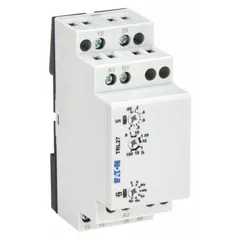 DIN-rail mounted time delay relay with flasher pause first function. Operates on 24 to 240V AC/DC input voltage, rated 8 A, with 16 pins/terminals. Used for timing and sequencing in control panels and automation systems.