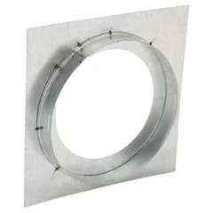 Galvanized steel firestop support plate for 6-inch ducts, with 26 ga base thickness, 1 3/8 in base height, and 10 1/2 in base width. UL listed for Category I gas appliances. Used to maintain fire-rated separations at ceiling and floor penetrations.