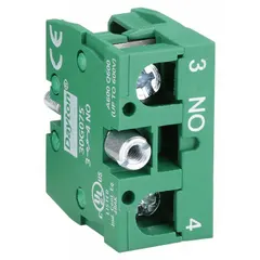 This contact block features a normally open (1NO) momentary switch action with screw clamp terminals for secure wiring. It is designed for 22 mm panel mounting and used as a switching element in pushbutton stations, selector switches, and pilot devices for industrial control panels.