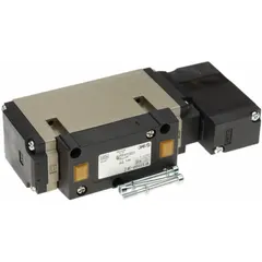 Five-way, two-position directional control valve with spring return and internal pilot. Non-locking single solenoid operates on 110V AC. Plug-in design. Used to direct compressed air in pneumatic systems for actuating cylinders or other actuators in industrial automation.