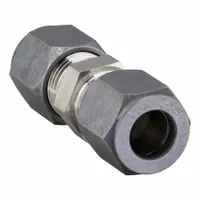 This PARKER Ferulok union is a flareless bite-type stainless steel compression fitting for connecting two 1/8 in OD tubes. It features 5/16-24 x 5/16-24 threads and is designed for metal-to-metal sealing in industrial fluid systems, including hydraulic, pneumatic, and instrumentation applications