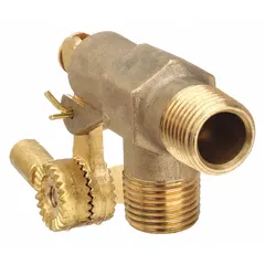 Brass angle float valve body for water level control in tanks and reservoirs. Features 1/2" male NPT inlet and outlet, adjustable arm with 1/4"-20 rod thread, and horizontal piping mounting. Flow rate 22 gpm at 85 psi. Float and rod not included.