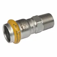This APOLLO SmartPress fitting is a gas stainless steel press pipe fitting with a 1 in pipe x 1 in pipe size, featuring a Press-fit x MNPT connection and HNBR seal. It is used for joining stainless steel gas piping in industrial systems, such as natural gas or propane lines in plant maintenance, HVAC, and process gas applications