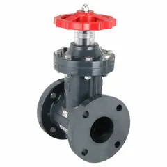 This ASAHI gate valve features a PVC body and bonnet with a polypropylene wedge, designed for on/off control in potable water systems. It has a 3-inch Class 150 flange connection and a 150 psi CWP rating. The non-rising stem and wheel operator allow manual operation in applications such as water treatment, irrigation, and industrial plumbing.