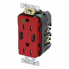 This LEVITON duplex receptacle is a hospital-grade straight blade device rated 125V AC and 15 A. It features a 5-15R configuration and a red housing, indicating its suitability for patient-care areas in healthcare facilities. The receptacle is designed for general-purpose use in demanding environments requiring reliable power delivery.