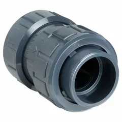 Inline ball check valve with PVC body and true union socket connections for 3/4 in pipe. FKM seal provides chemical resistance. Prevents backflow in PVC piping systems handling corrosive fluids.