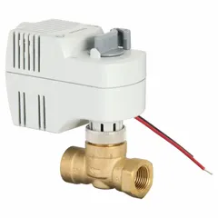 This 2-way zone valve features a threaded globe valve body with 1/2 in female NPT connections and a spring return normally open (NO) configuration. It operates on an on/off signal with a 24V AC actuator, suitable for controlling water or glycol flow in HVAC and hydronic systems.